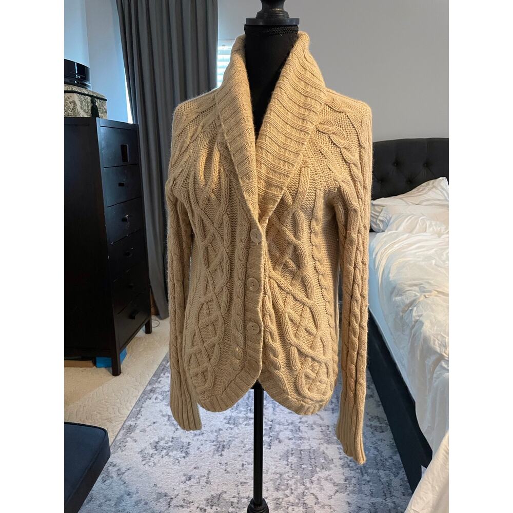 St John's Bay Cable Knit Cardigan Large Camel Gold Metallic Fisherman Sweater - Picture 3 of 5
